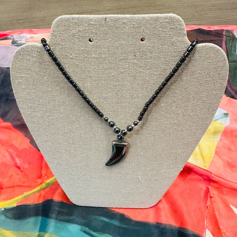 Black Hematite Bead Necklace with Horn Pendant - Women Jewelry